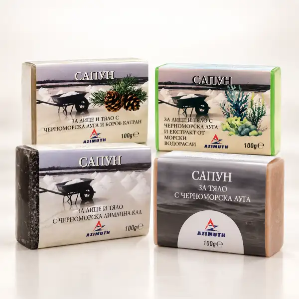 AZIMUTH Black Sea Lye Natural Soap collection with four face and body cleansing formulas